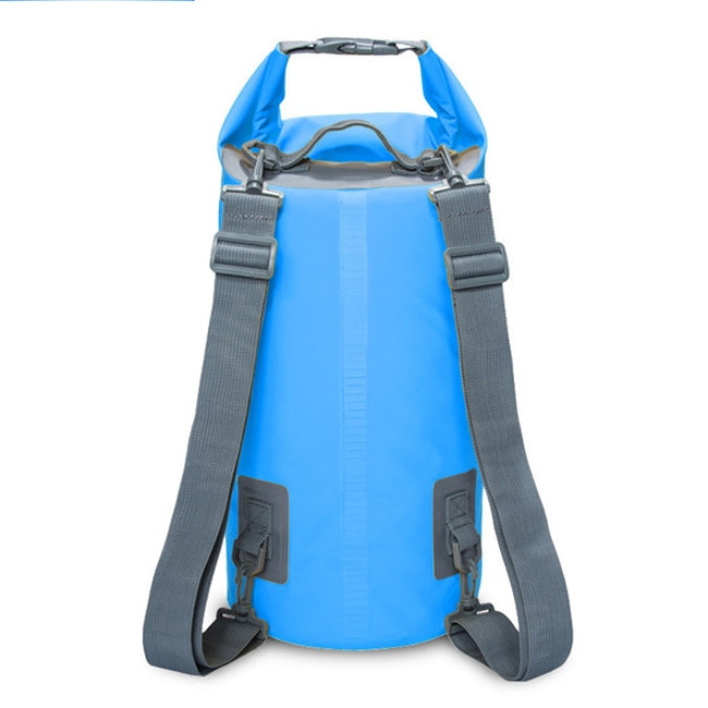 Light blue 15L waterproof dry bag with roll-top closure and dual shoulder straps