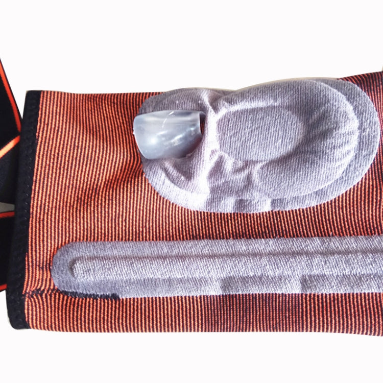 Orange and black knee support guard with gray pressure strip silicone insert