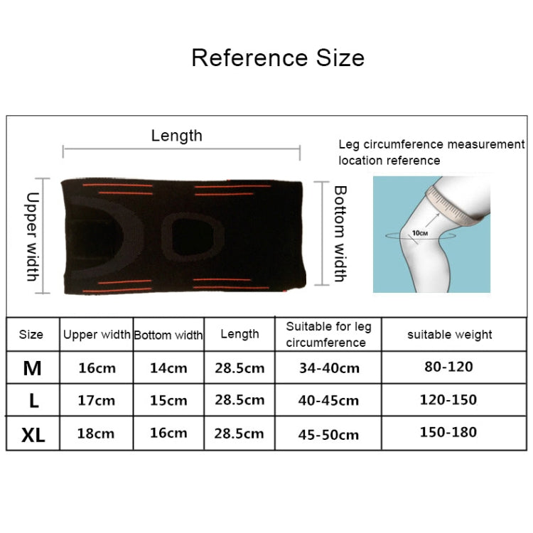 Reference size chart for XL knee support guard: leg circumference and length
