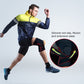 Runner wearing black XL knee brace with red compression lines and silicone anti-slip
