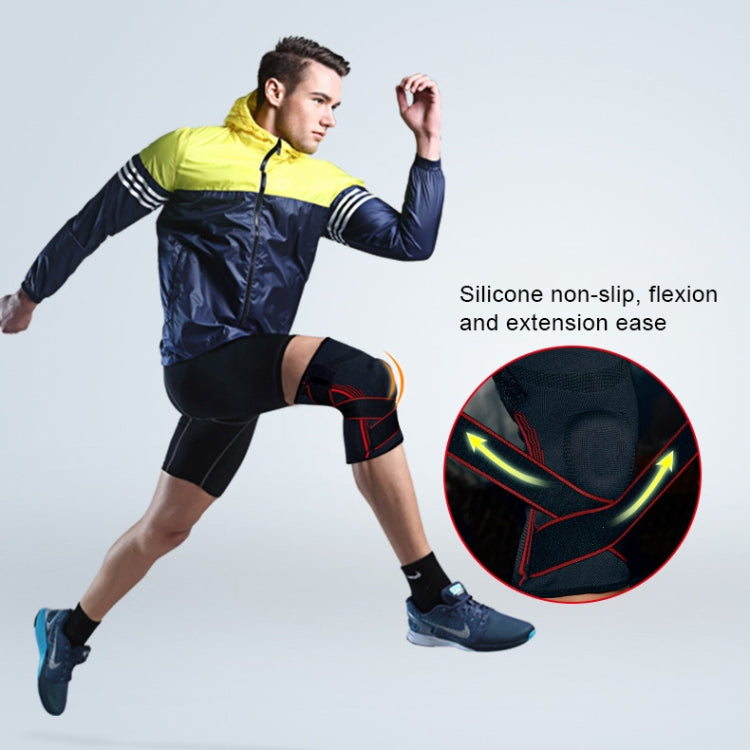Runner wearing black XL knee brace with red compression lines and silicone anti-slip