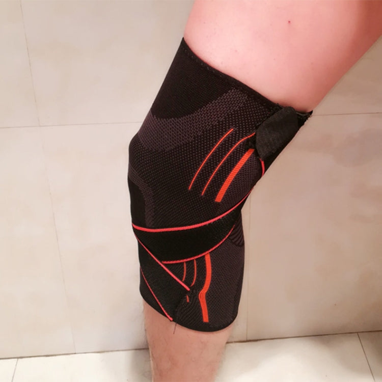 Black XL knee support guard on leg with red compression stripes and strap