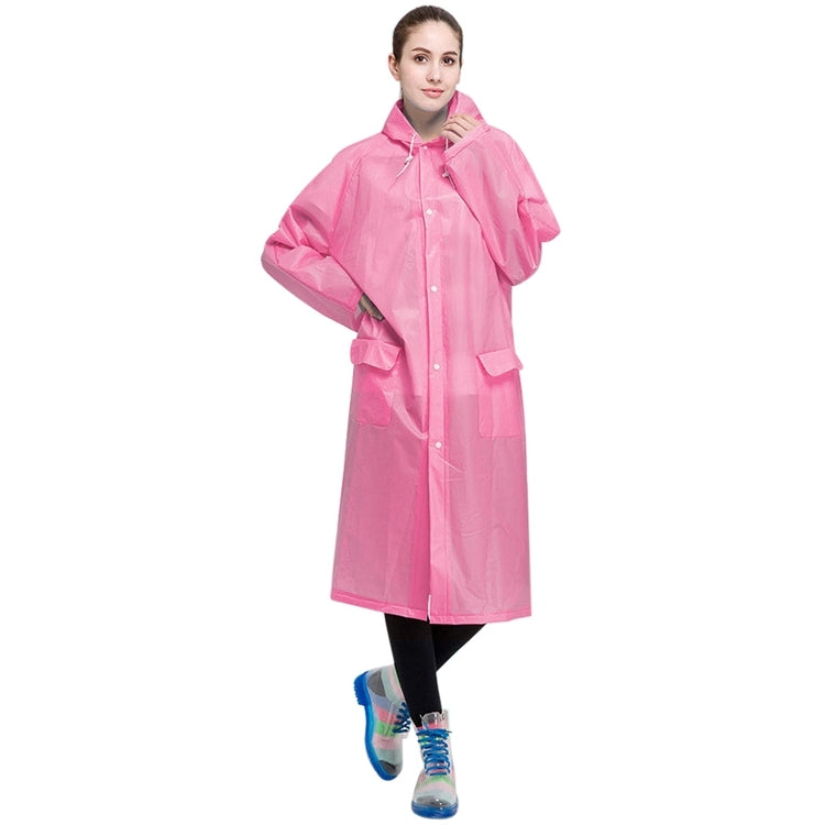 Pink transparent frosted raincoat with hood and flap pockets, front button placket