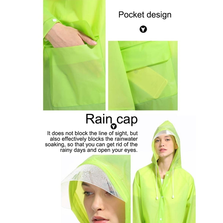 Transparent neon green raincoat detail: pocket panels and hood cap