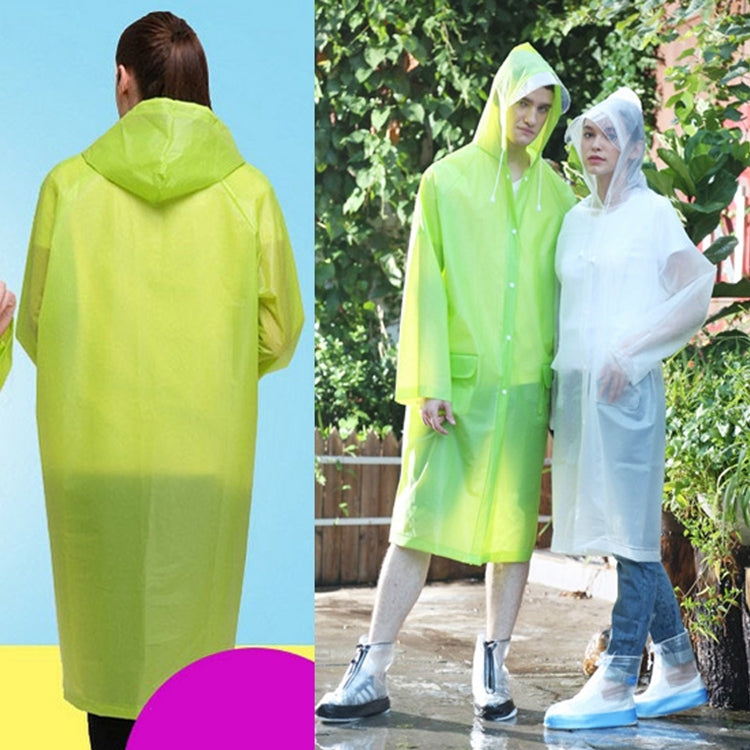 Neon green transparent raincoat with hood, and matching light blue hooded raincoat