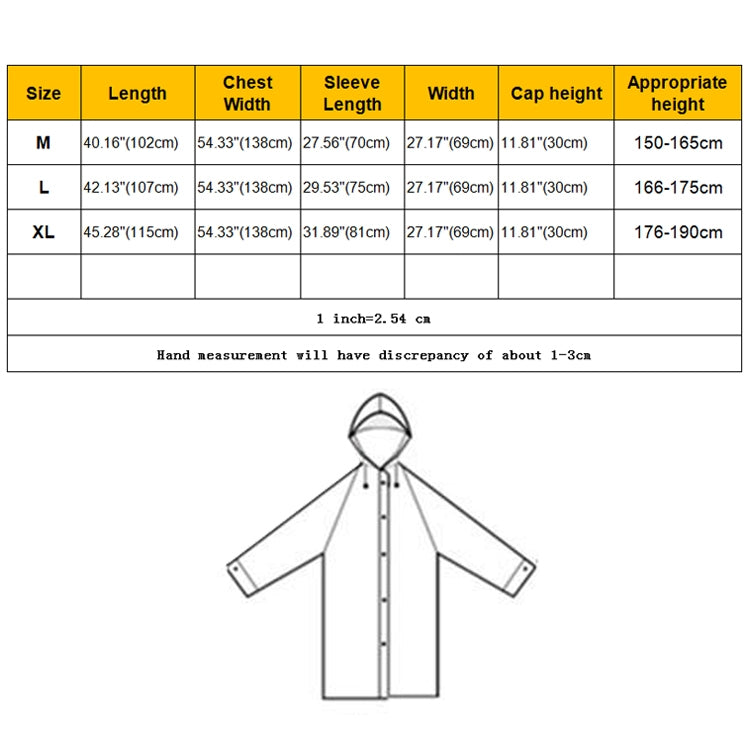 Raincoat size chart with measurements and hooded raincoat diagram