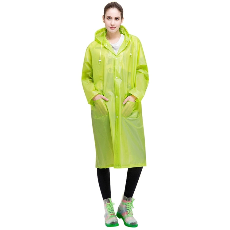 Light green transparent raincoat with hood, front buttons, and side pockets