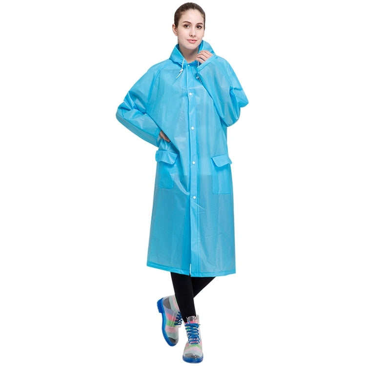 Blue transparent frosted raincoat with hood, front buttons, and side pocket