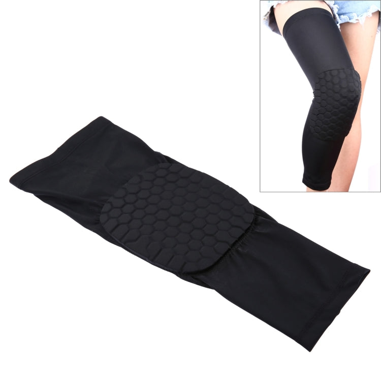 Black long knee support sleeve with honeycomb-pattern protective pad