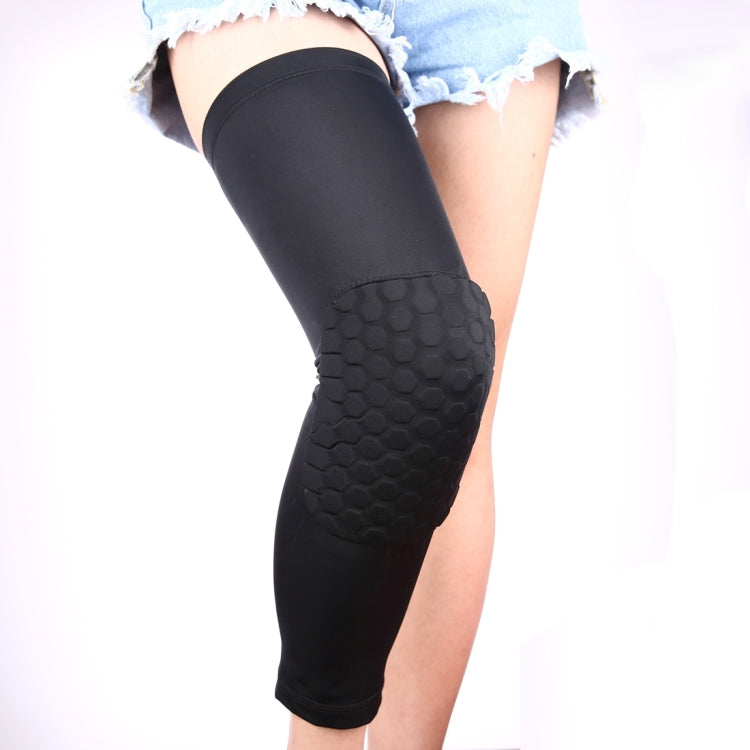 Black long knee support sleeve worn on leg with padded honeycomb panel