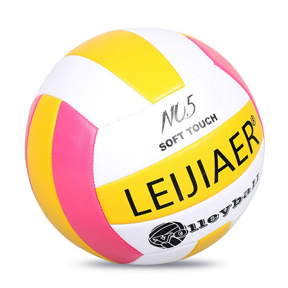 No. 5 volleyball, white with yellow and pink panels, soft touch print