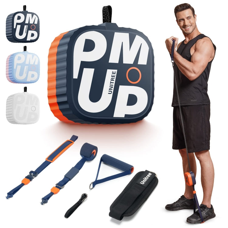 Portable home gym resistance pump kit in dark blue with orange accents and cable straps