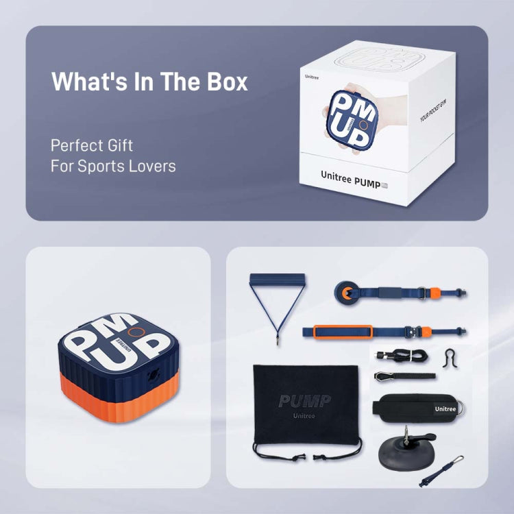 Portable home gym pump kit box with dark blue pump unit and accessory cables