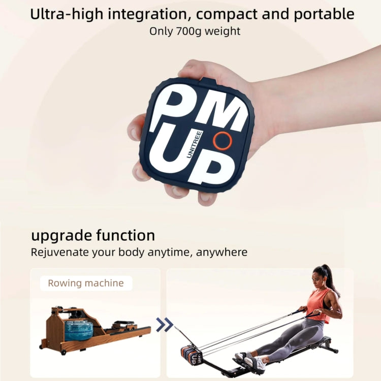 Dark blue portable gym pump device held in hand with orange accent ring