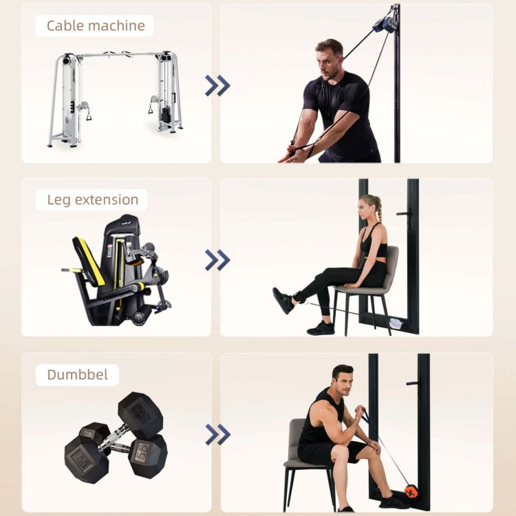 Resistance exercise collage showing cable, leg extension, dumbbell and seated workouts