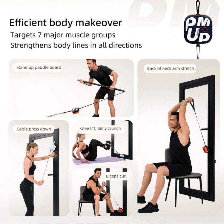 Portable home gym pump cable system demonstrating multiple strength exercise positions