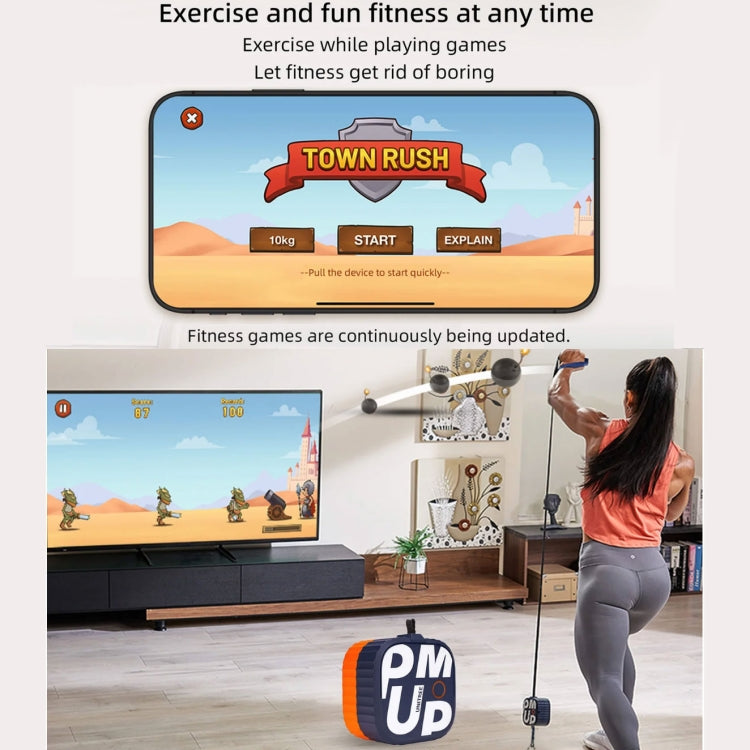 Person exercising with a portable magnetic rowing unit while playing a fitness game