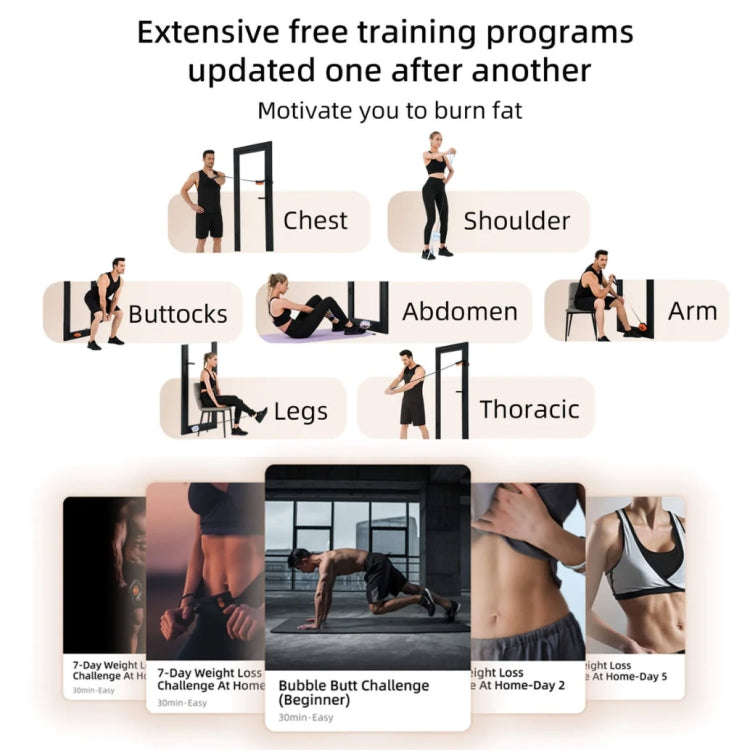Workout program overview with multiple exercise thumbnails for chest, legs, and more
