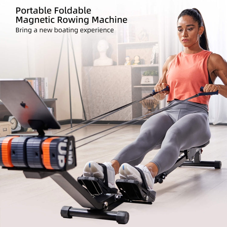 Portable foldable magnetic rowing machine with dark blue and orange pump housing