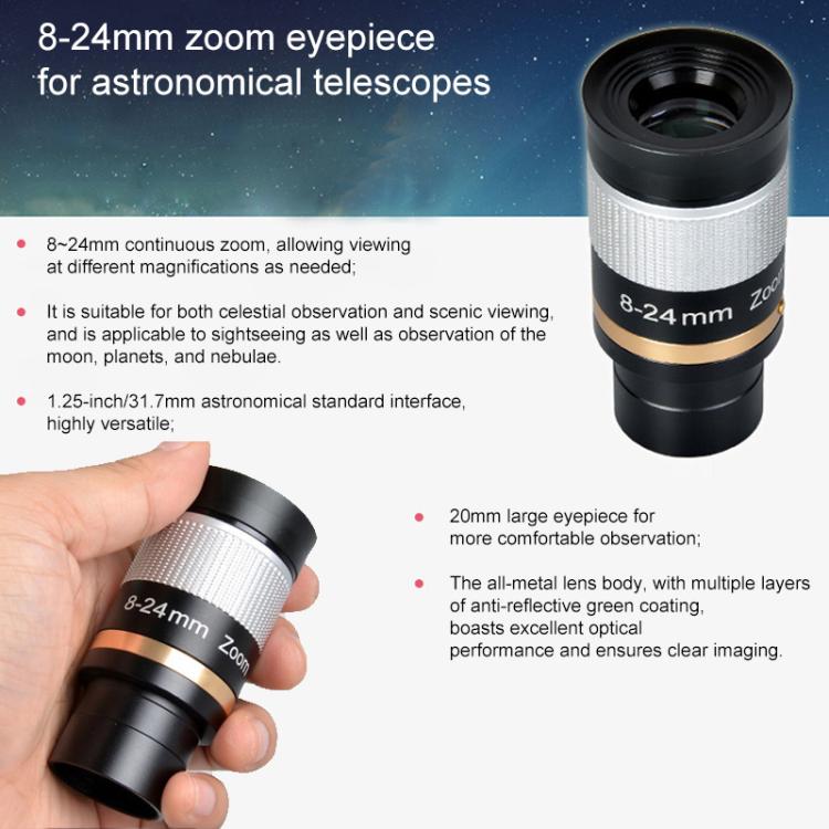 Astronomical Telescope 8-24mm All-metal Continuous Zoom Eyepiece, 8-24mm