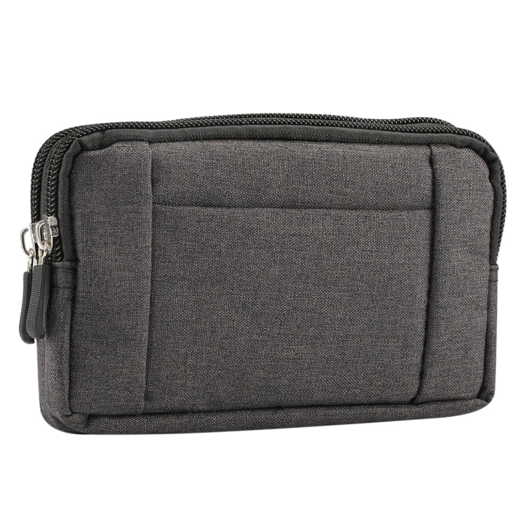 Dark gray fabric phone waist bag with padded front panel and sturdy zipper