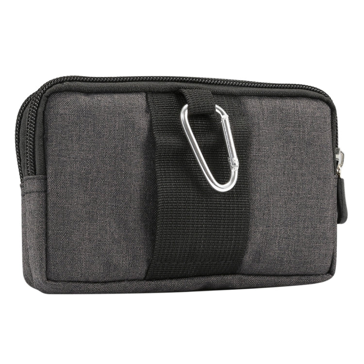 Dark gray phone waist bag side view with metal D-ring and strap attachment