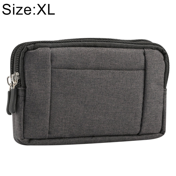 XL dark gray fabric phone waist bag with front padded panel and zipper closure