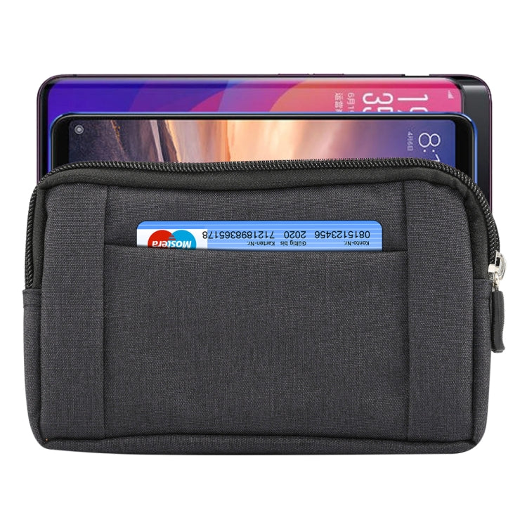 Dark gray waist phone bag holding a smartphone behind a padded front panel