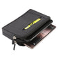 Dark gray phone waist bag with open top and cards or phone inside