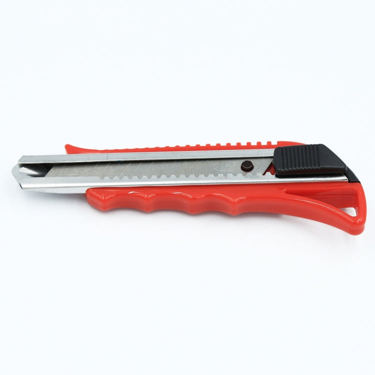 Utility paper cutter knife with red handle and stainless blade guard, black grip end