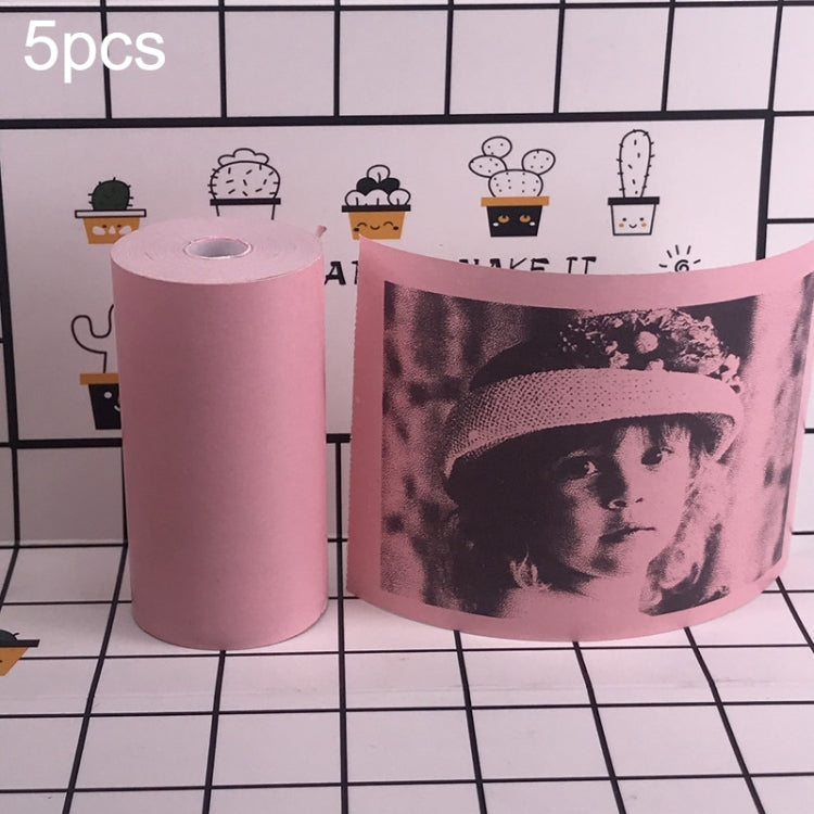 Pink thermal label paper roll and portrait-style printed sticker sheet