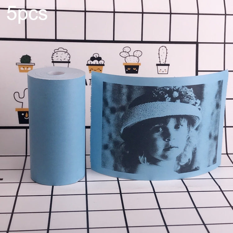 Blue thermal label paper roll and portrait-style printed sticker sheet