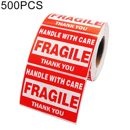 Self-adhesive fragile shipping label roll with red FRAGILE and HANDLE WITH CARE text
