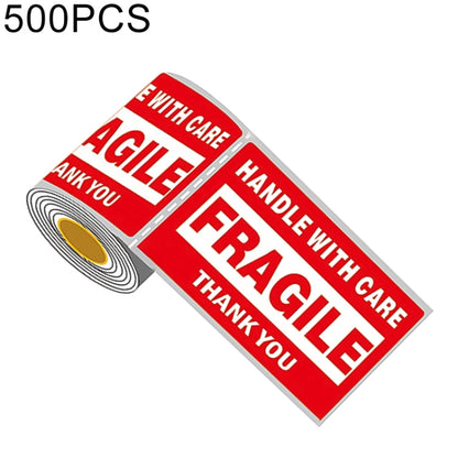Fragile shipping warning stickers with red 'HANDLE WITH CARE' and 'FRAGILE' text