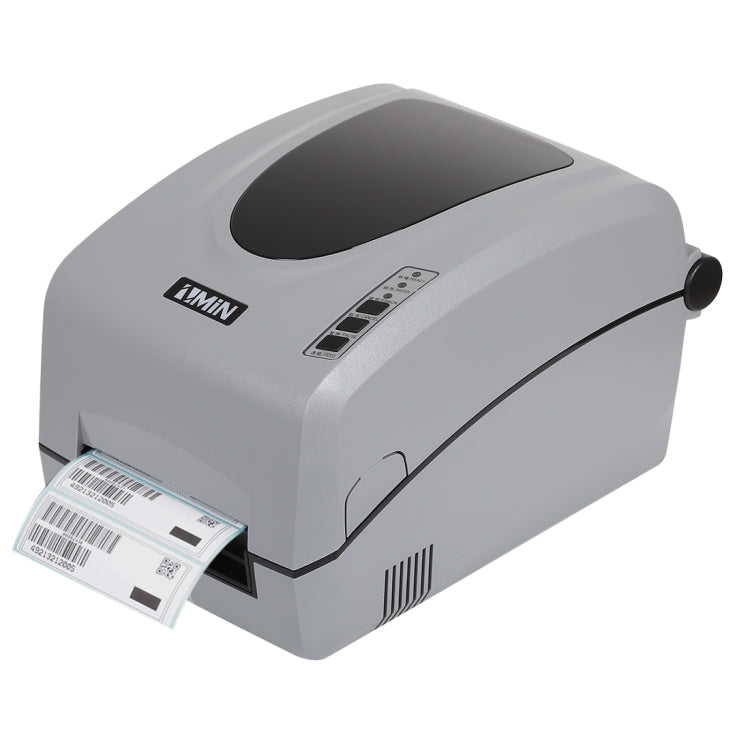 Grey thermal barcode printer with front paper feed and top cover window