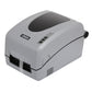 Grey thermal barcode printer, angled view showing paper feed slot