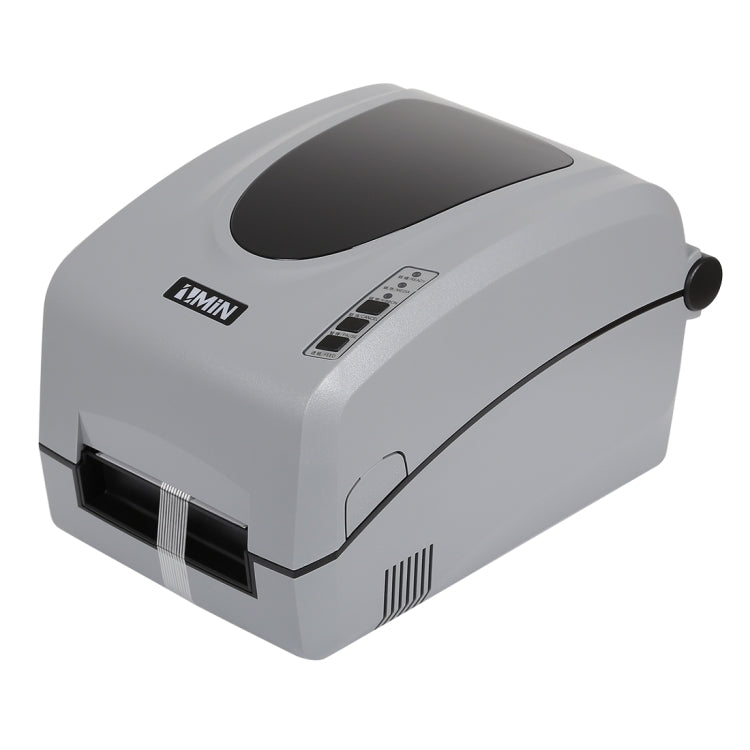 Grey thermal barcode printer, angled view showing paper feed slot