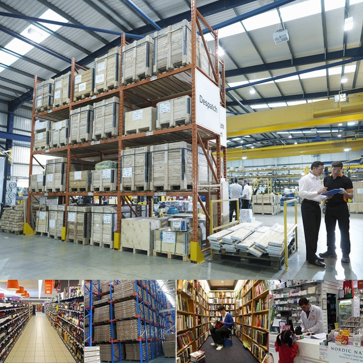 Warehouse shelving with stacked boxes and pallets