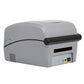Grey thermal barcode printer side view with paper exit and control panel