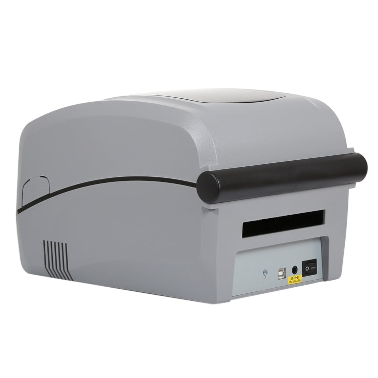 Grey thermal barcode printer side view with paper exit and control panel