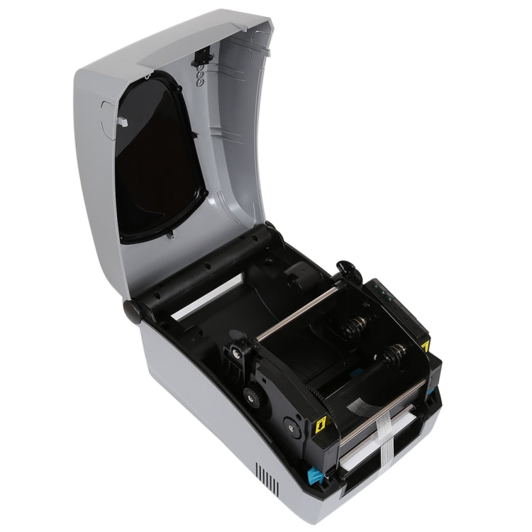 Grey thermal barcode printer with open top showing internal print mechanism