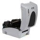 Grey thermal barcode printer open showing ribbon and print head assembly