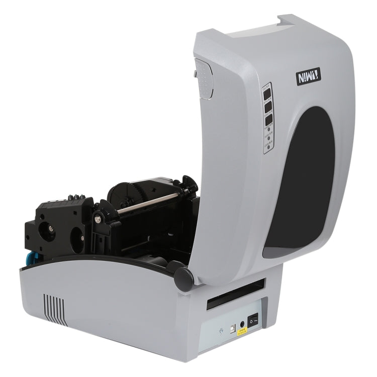 Grey thermal barcode printer open showing ribbon and print head assembly