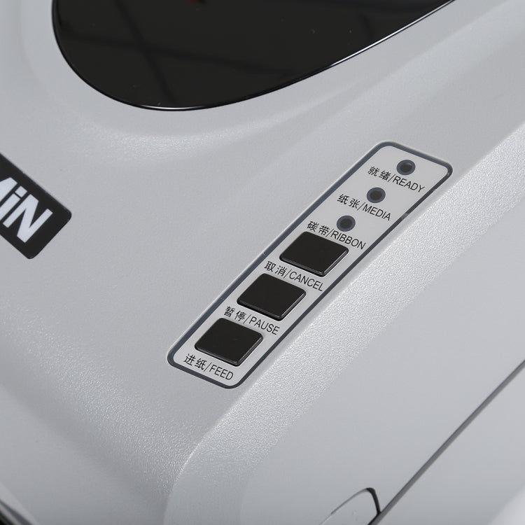 Thermal barcode printer control buttons and display panel on top