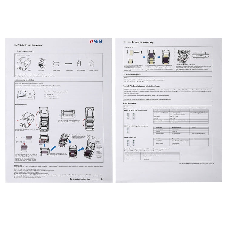 Thermal barcode printer instruction manual and diagram sheets