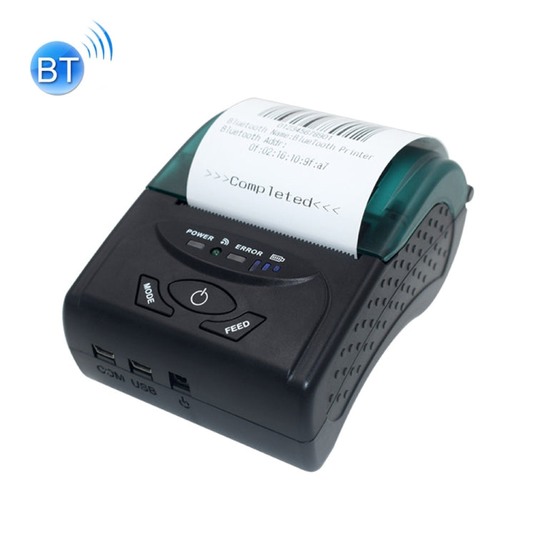 Portable thermal Bluetooth ticket printer with paper roll and control buttons, black body.