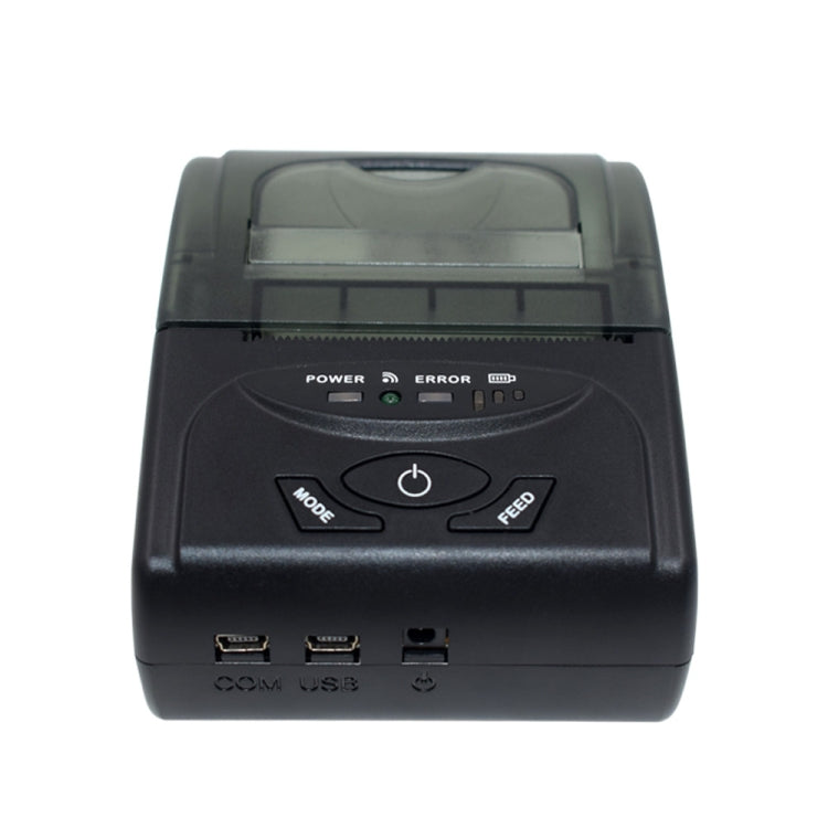 Portable thermal ticket printer rear view with ports and power/error indicator lights, black.