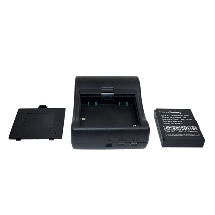 Portable thermal ticket printer with open battery compartment and included Li-ion battery.