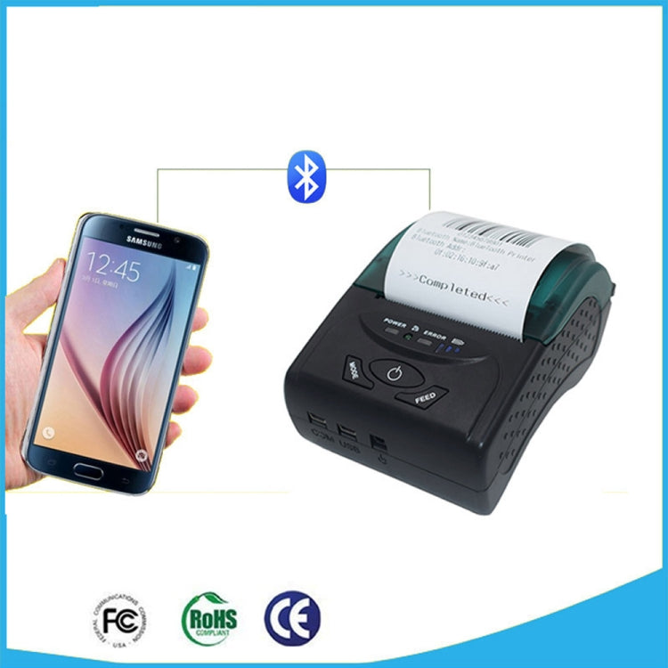 Portable thermal Bluetooth ticket printer with smartphone pairing shown, black with green display.