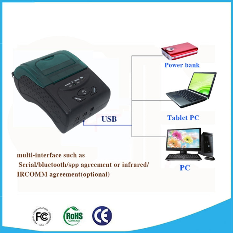 Portable thermal ticket printer showing multi-connection capability, black with open paper bay.
